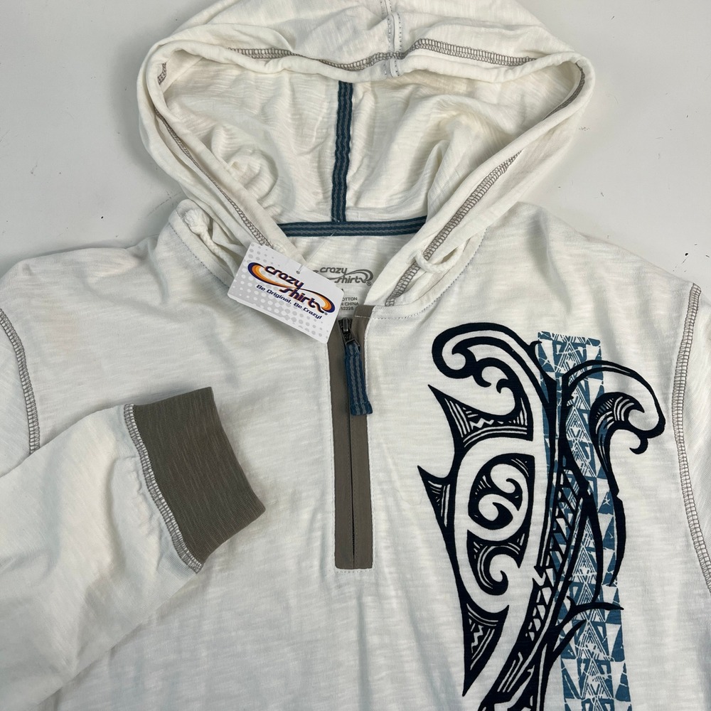 Crazy Shirt Mens Ali'i Guard NLC White Slub Cotton Tribal Quarter Zip Hoodie M